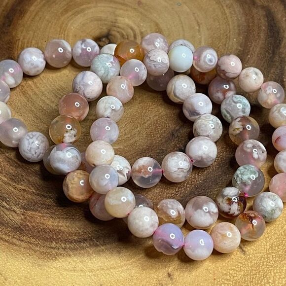 Pink green Flower Agate stretch beaded bracelet 7” crystal healing beads 8mm ONE - Picture 2 of 7